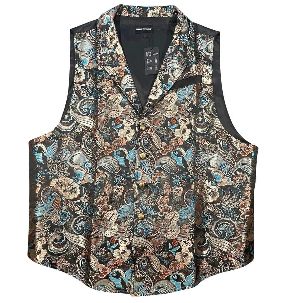 Barry Wang Multi Floral Brocade Notched Lapel Dress Vest Mens 1XL